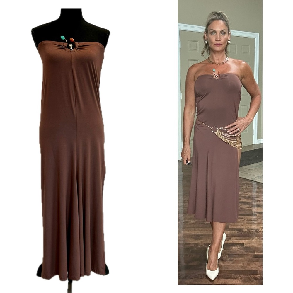 Forever 21 chocolate brown jewelled strapless bandeau midi dress high slit M🔥